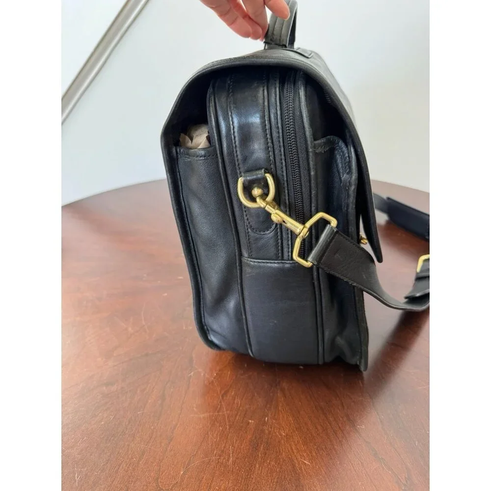 VTG COACH 0532 XL BLACK Leather Messenger Crossbody Bag BRIEFCASE Pockets Laptop